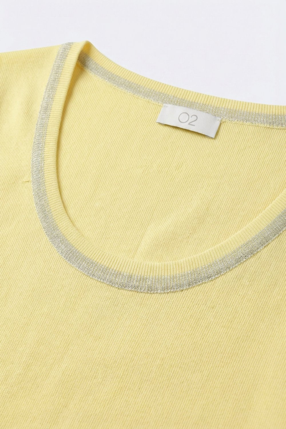 Yellow Ribbed Knit Scoop Neck sweater with shiny lurex trim