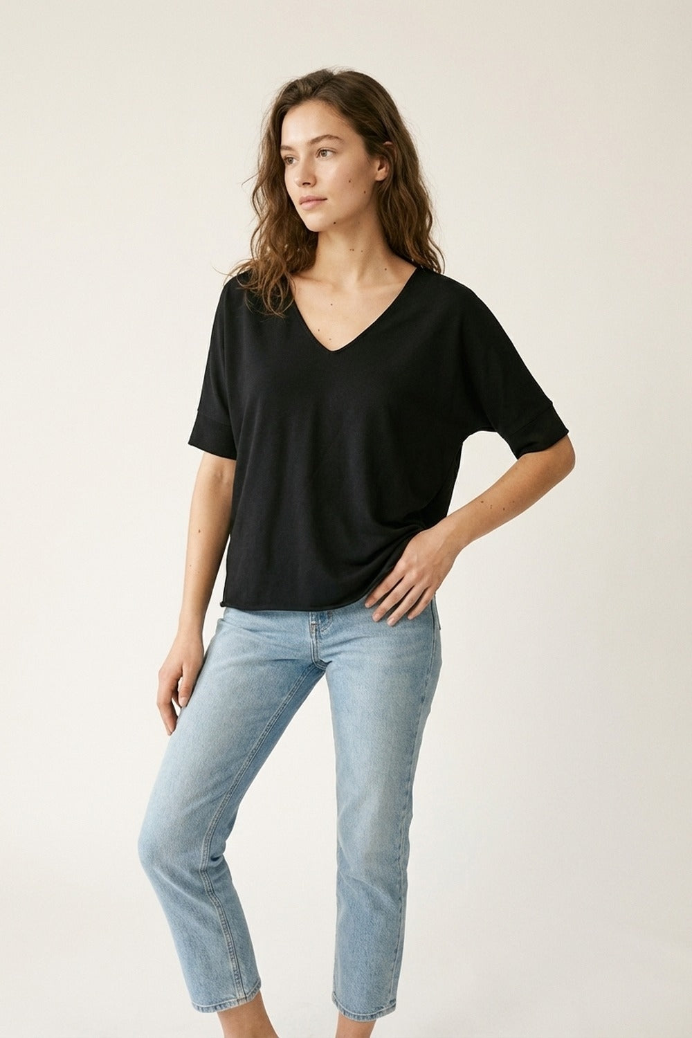 Black V-Neck Relaxed Fit Short Sleeve Top
