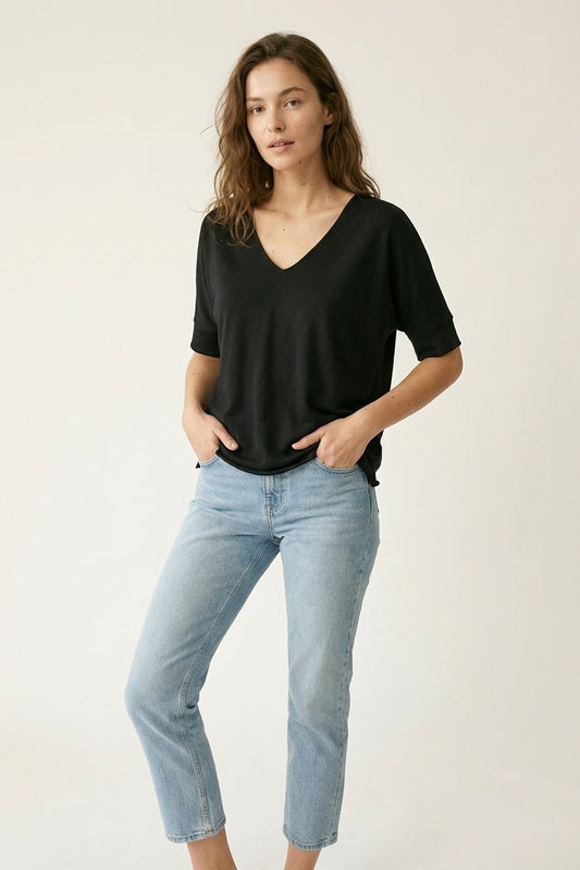 Black V-Neck Relaxed Fit Short Sleeve Top