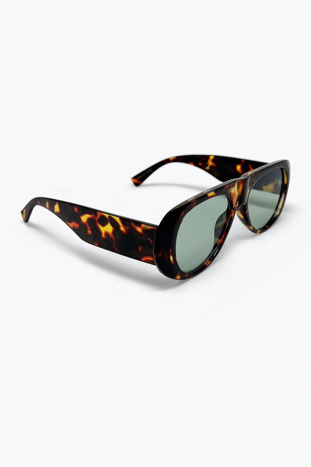 Tortoise Frame Wide Oval Sunglasses with Green Lens