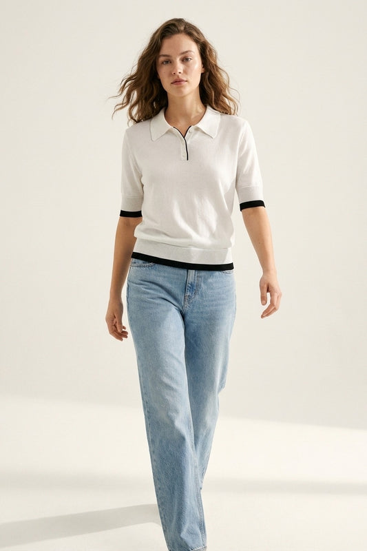 White Polo Sweater with Black Trim Detail
