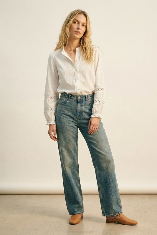 Lace chrochet Detail Button-Front Blouse in white - Shirts