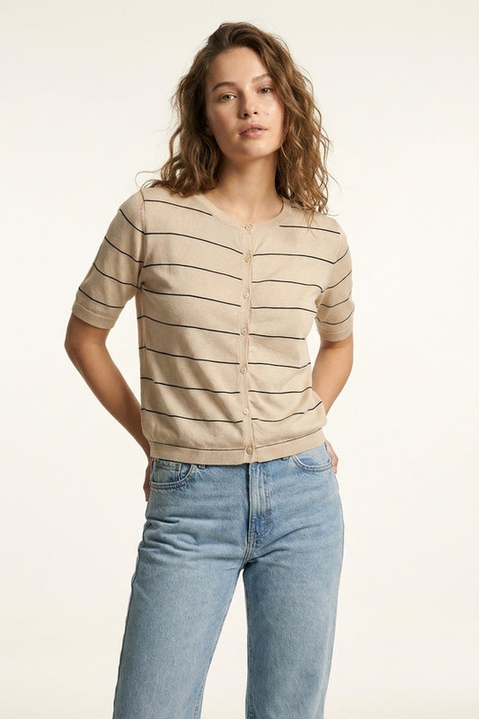 Beige Striped Button-Up Short Sleeve Cardigan - Cardigans