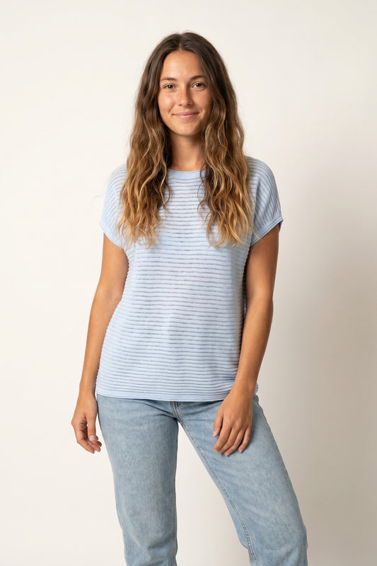 Light Blue Striped open Knit Relaxed Fit sweater