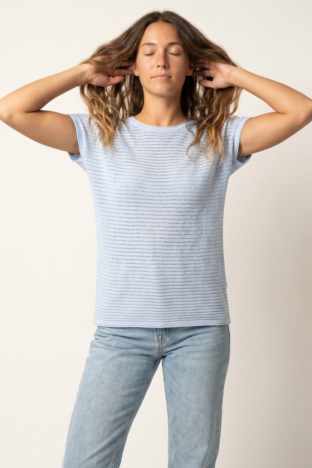 Light Blue Striped open Knit Relaxed Fit sweater