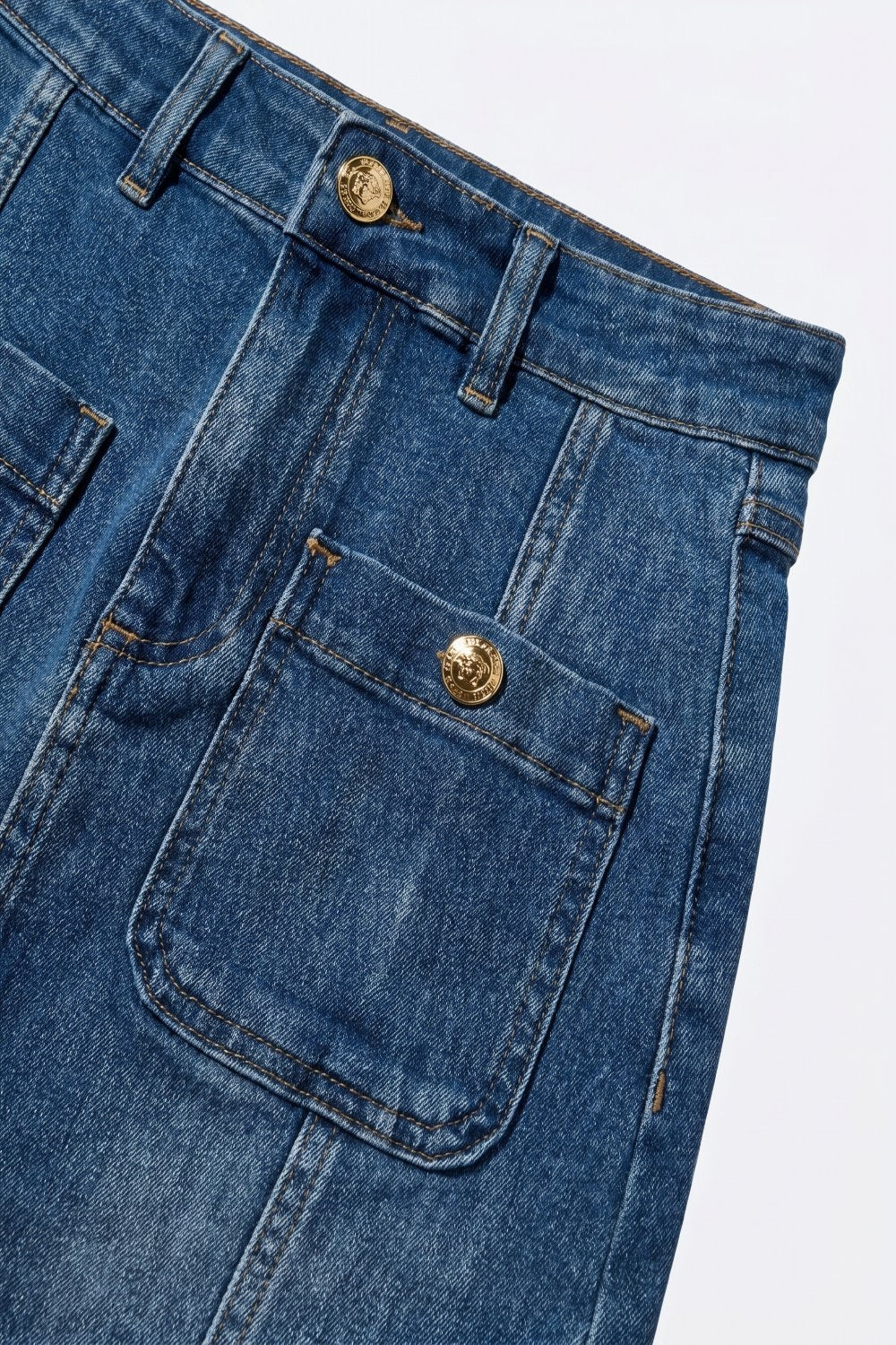 Mid Wash Denim Midi Skirt with Front Patch Pockets