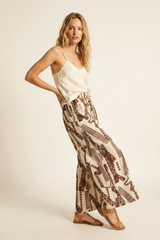Cream and Brown Printed Wide-Leg Palazzo Pants with ankle lenght - trousers