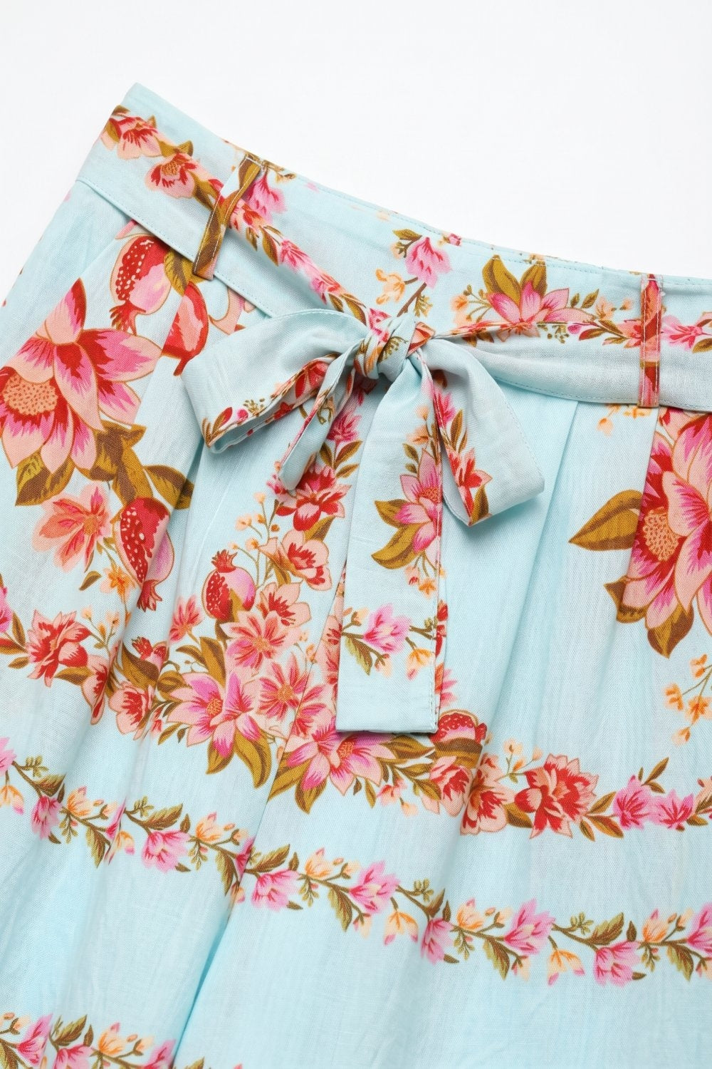 Light Blue Floral Print Cotton Tie Waist Wide Leg Pants - trousers