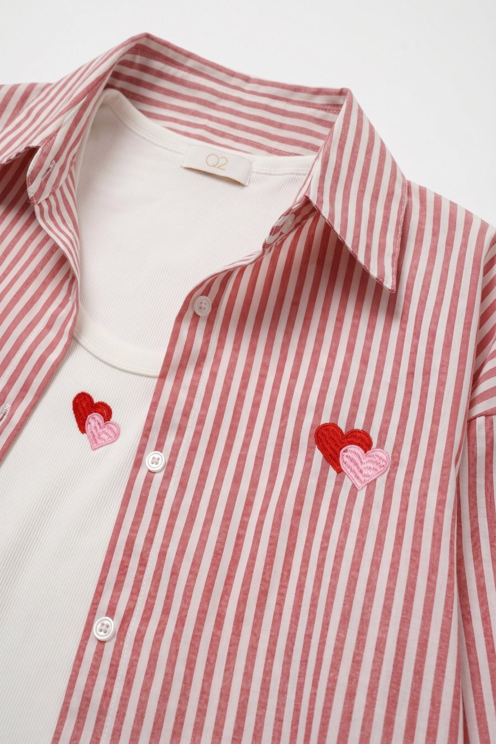 Red Stripe Cotton Embroidered Heart Set t-shirt and shirt 2 pieces - Shirts