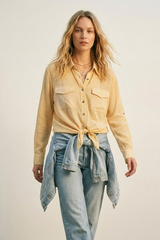Yellow tie dye Shirt in chiffon with strass details - Shirts