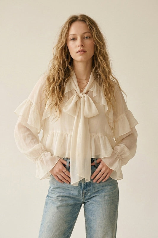 Cream Ruffled Sheer Blouse in chiffon fabric - Shirts