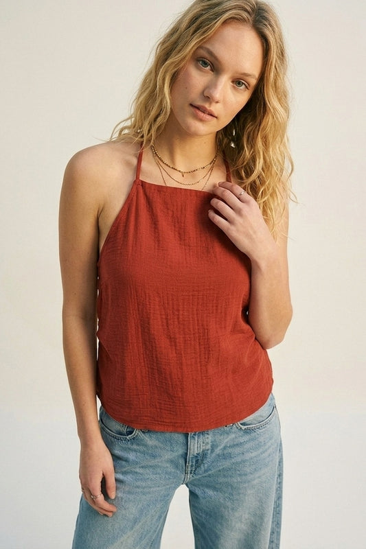 terracotta Textured Sleeveless Halter Neck Top