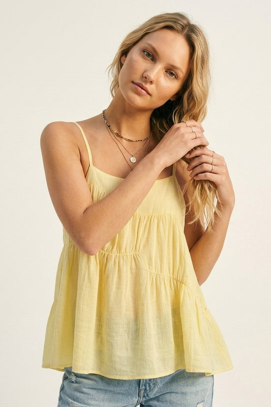 butter Yellow Lightweight Tiered Spaghetti Strap Asymmetric top