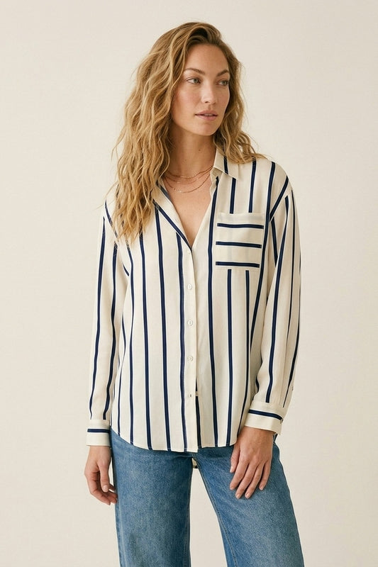 Cream Stripe Relaxed Fit Shirt in satin fabric with pocket - Shirts