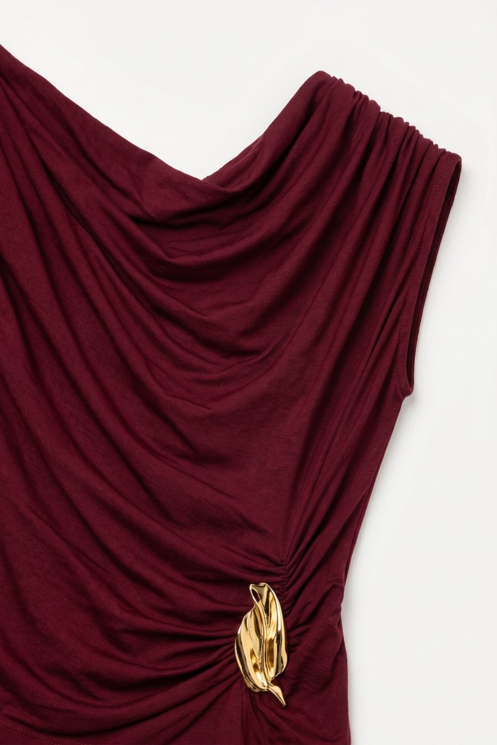 Burgundy Lightweight viscose top with Gold Accent and Draped Sleeveless