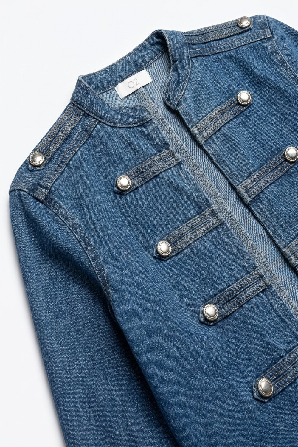 Denim Blue Rigid Non-Stretch Military Button Cropped Jacket - blazer