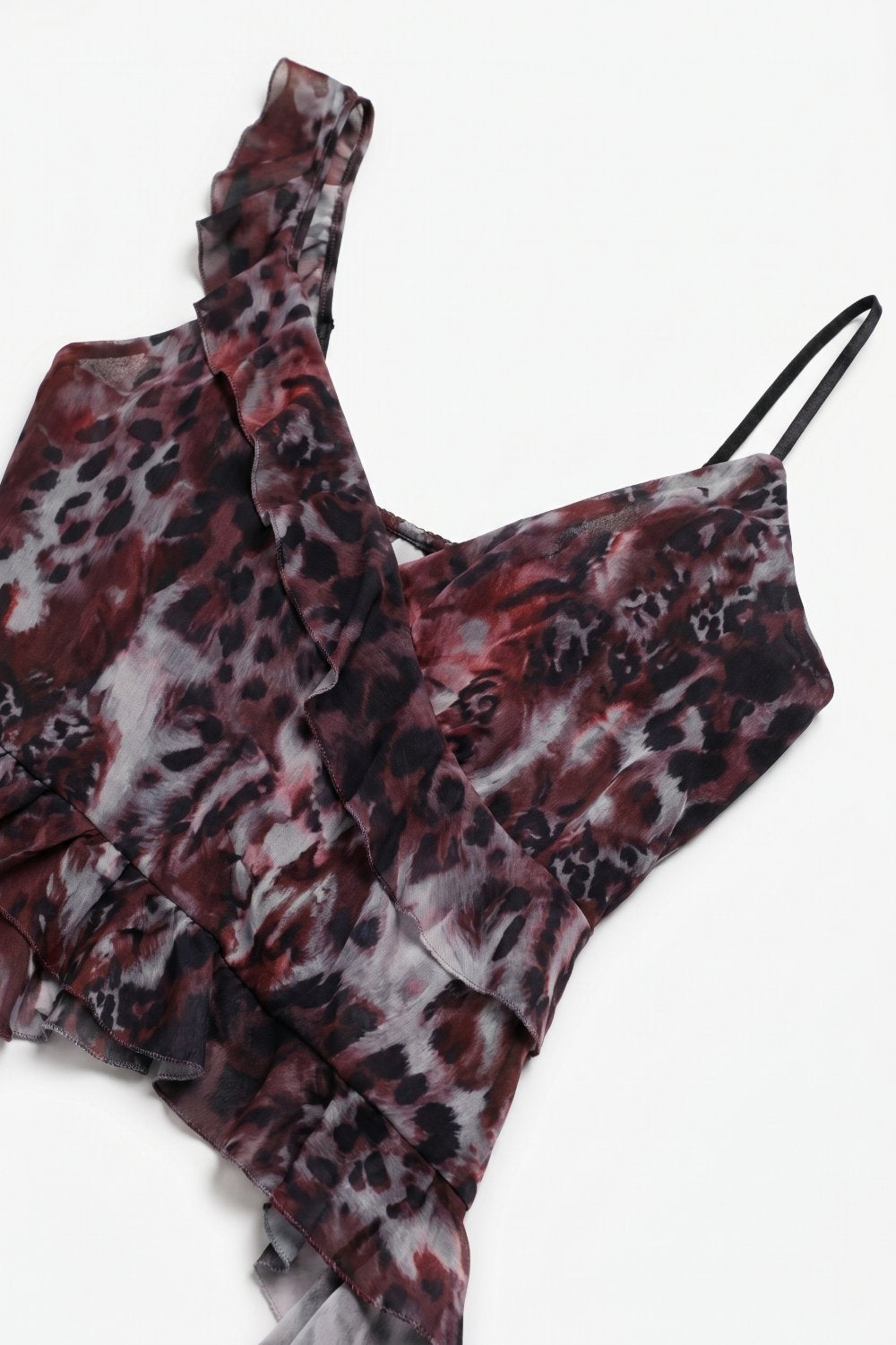 Animal Print Burgundy mesh Crop Top With Asymmetric Ruffle Detail - top
