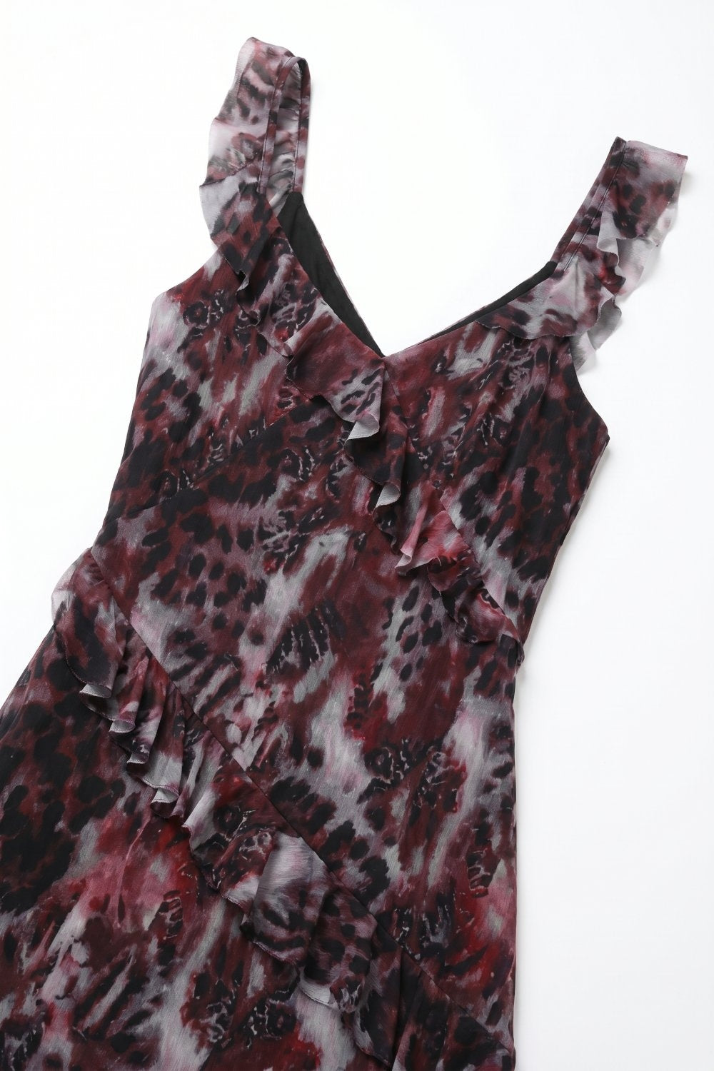 Animal Print Burgundy Mesh Dress With Ruffle Detail - dress