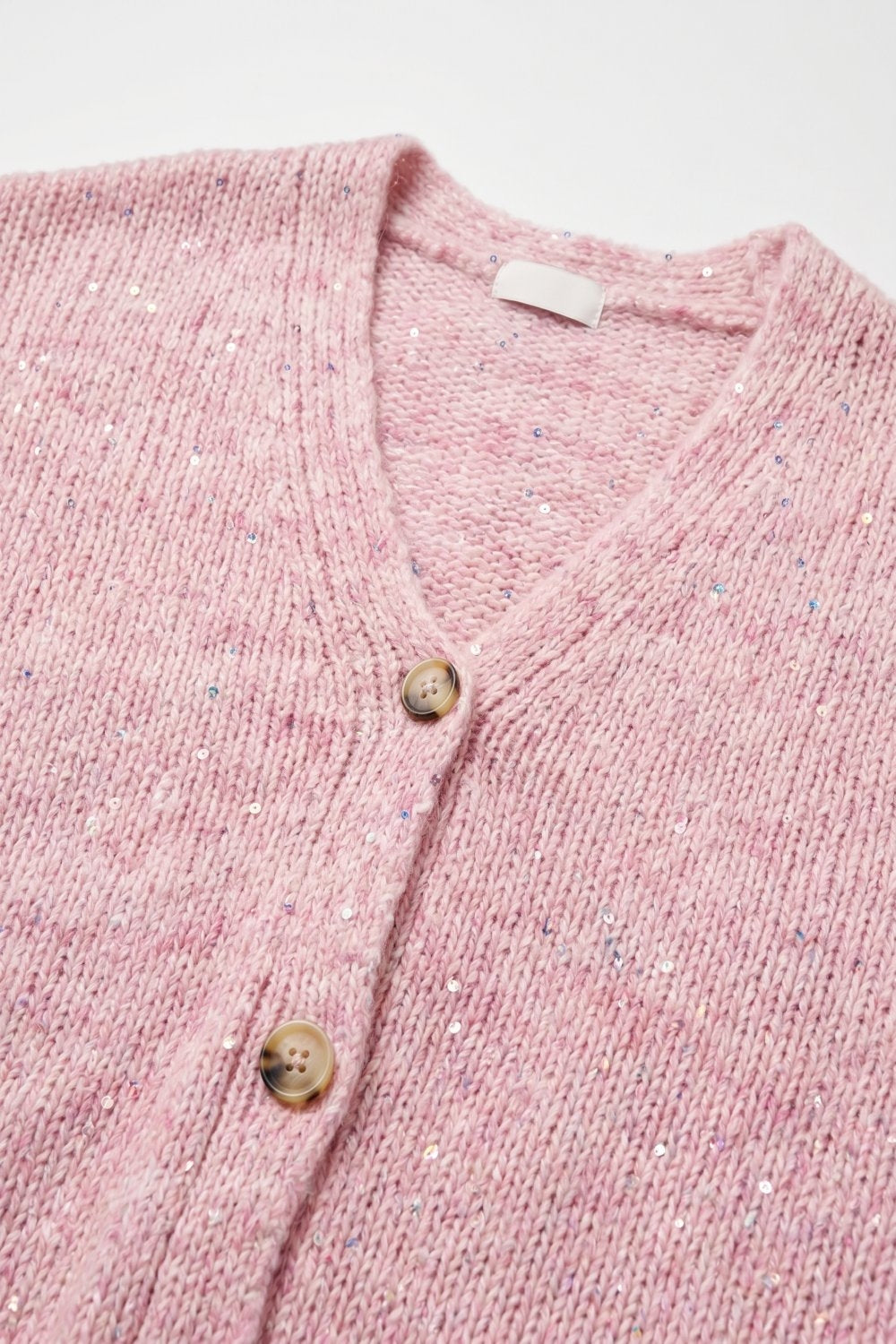 Pink fluffy Knit Button Front Relaxed Fit Cardigan with sequin details