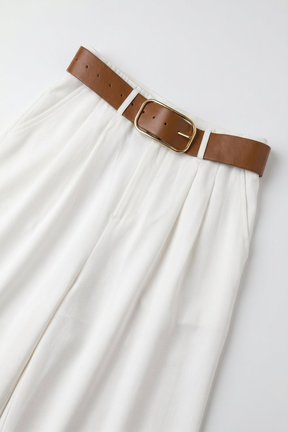 Lightweight Woven Fabric Pleated Belted Wide Leg Pants in white - trousers