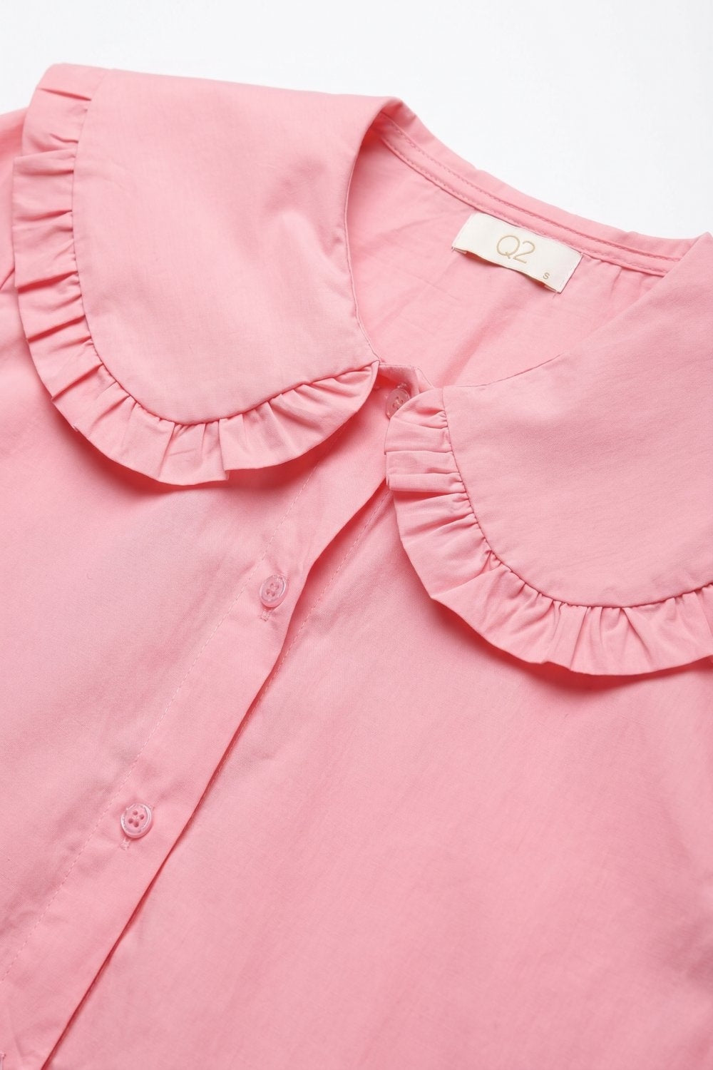 Pink Cotton Poplin Ruffle Prairie Collar Long Sleeve Shirt - Shirts