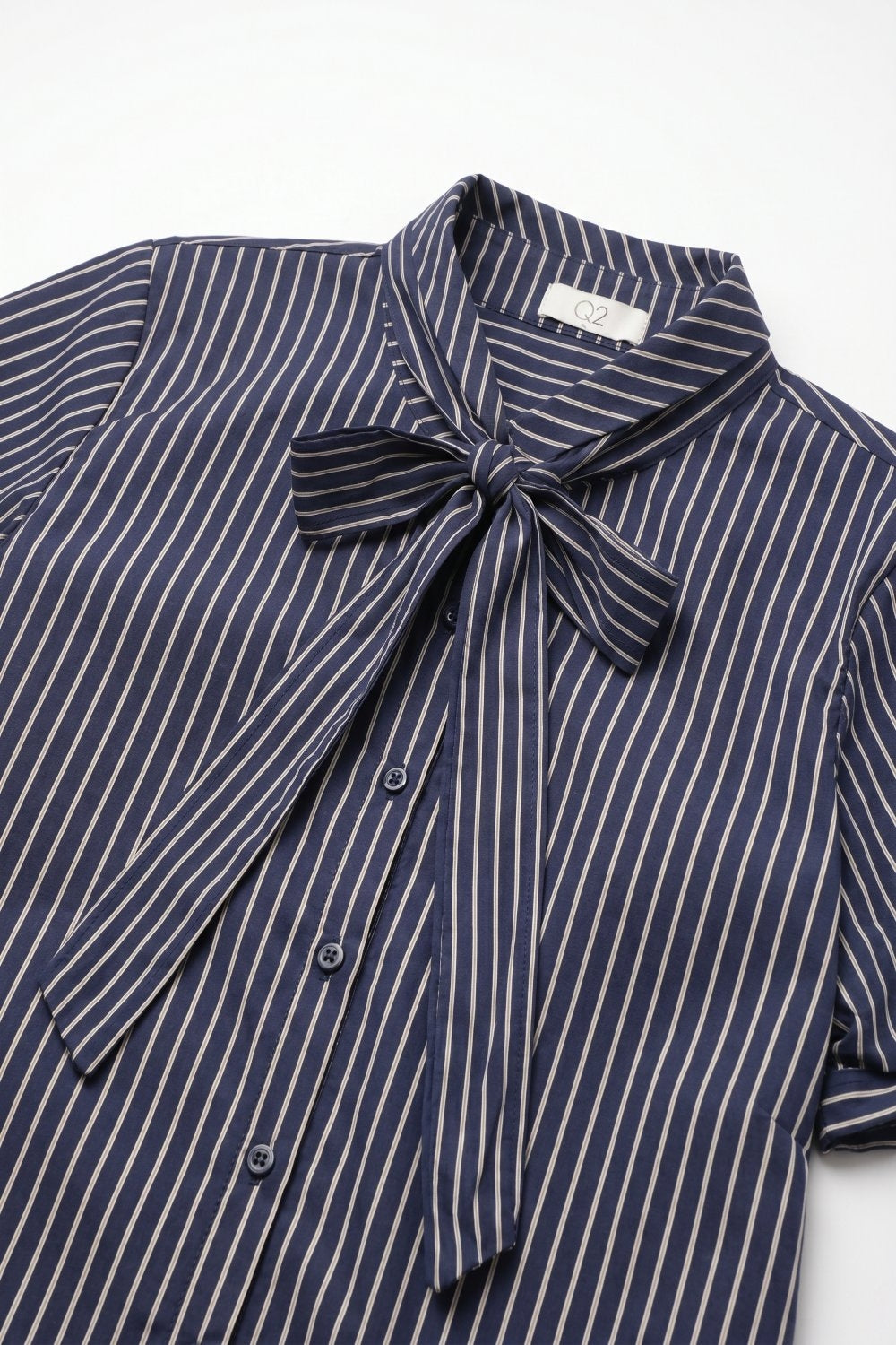 Navy Stripe Bow Tie Shirt with Short Sleeve in poplin - Shirts