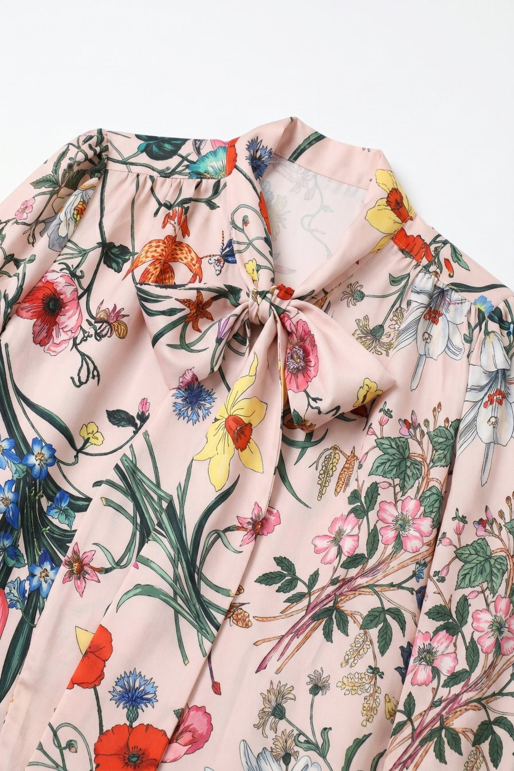 Light Pink Floral Print Satin Pussy Bow Long Sleeve Blouse - Shirts