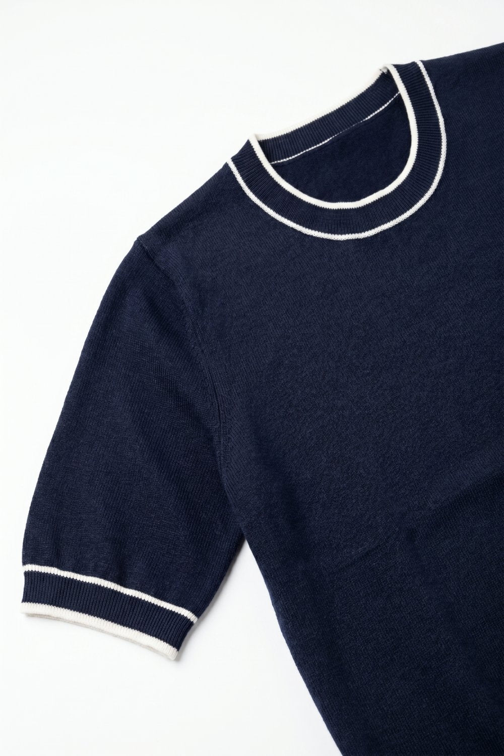 Navy short sleeve sweater with white line detail