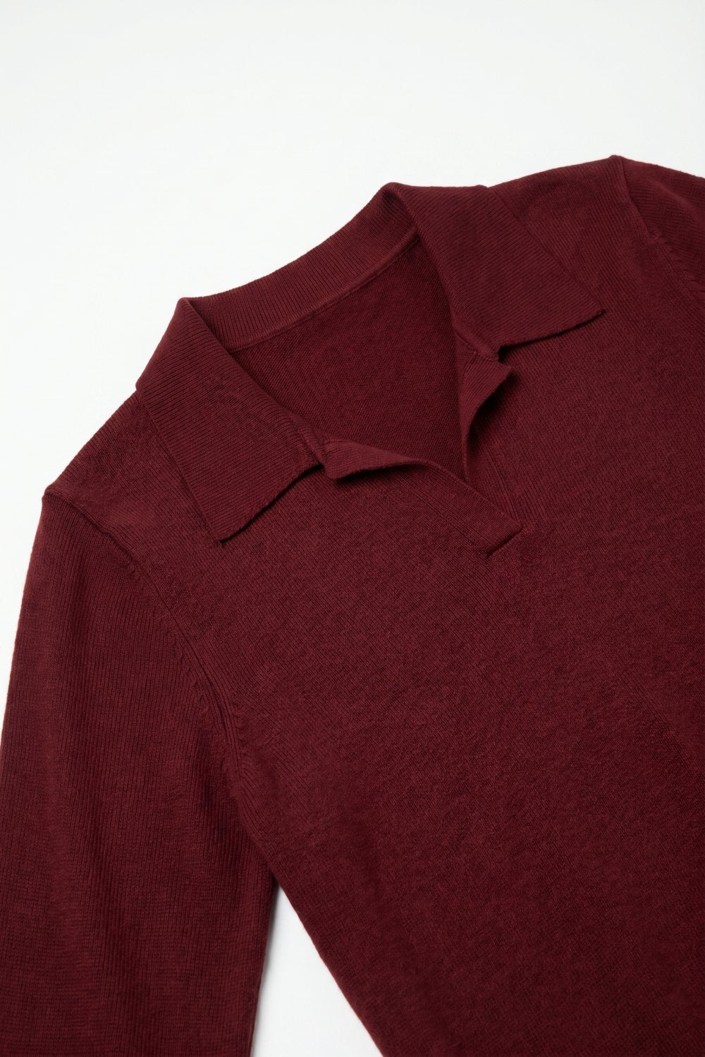 Burgundy Fine Knit Polo Collar Long Sleeve Regular Fit Sweater - Polos