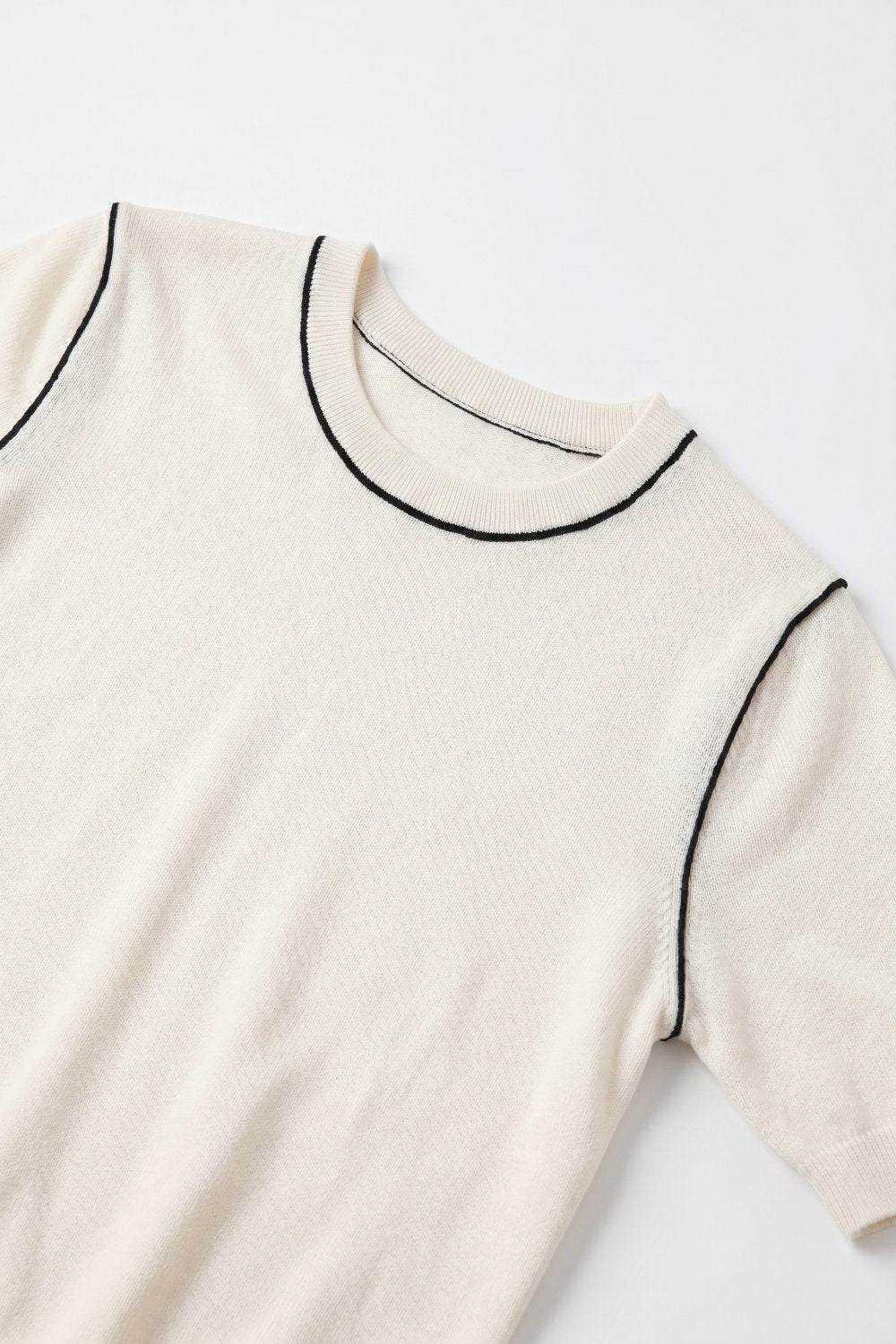 Cream Fine Knit Contrast Seam Regular Fit Short Sleeve sweater - Jumpers