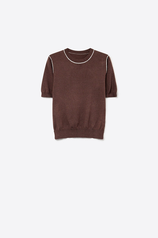 Brown Fine Knit Contrast Stitch Short Sleeve Crew Neck sweater - Jumpers