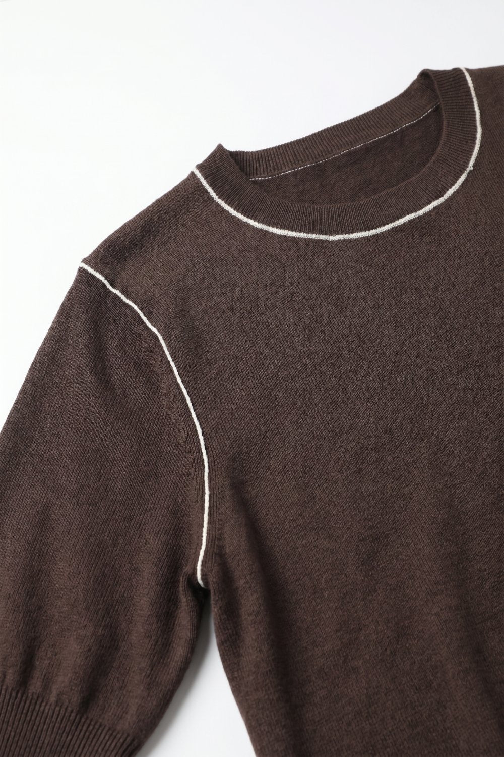 Brown Fine Knit Contrast Stitch Short Sleeve Crew Neck sweater - Jumpers