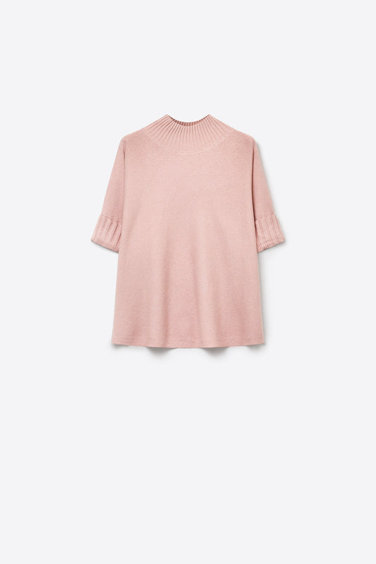 Pink chunky Knit Ribbed High Collar Relaxed Fit Sweater with elbow-length sleeve - Jumpers