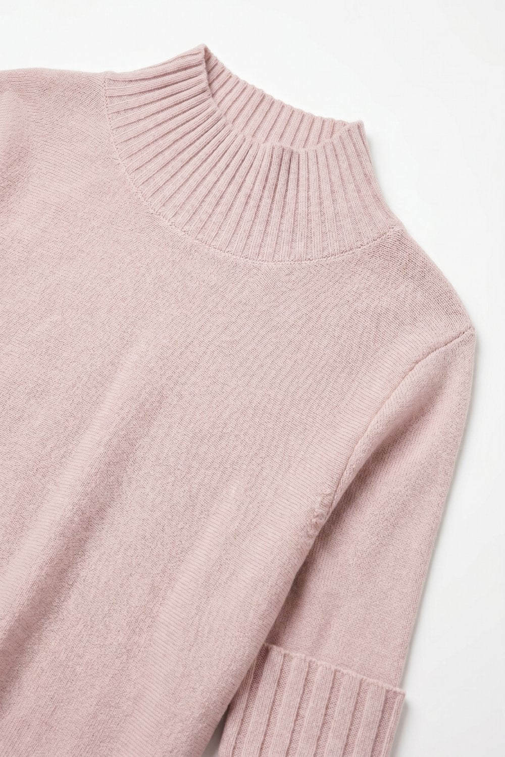 Pink chunky Knit Ribbed High Collar Relaxed Fit Sweater with elbow-length sleeve - Jumpers