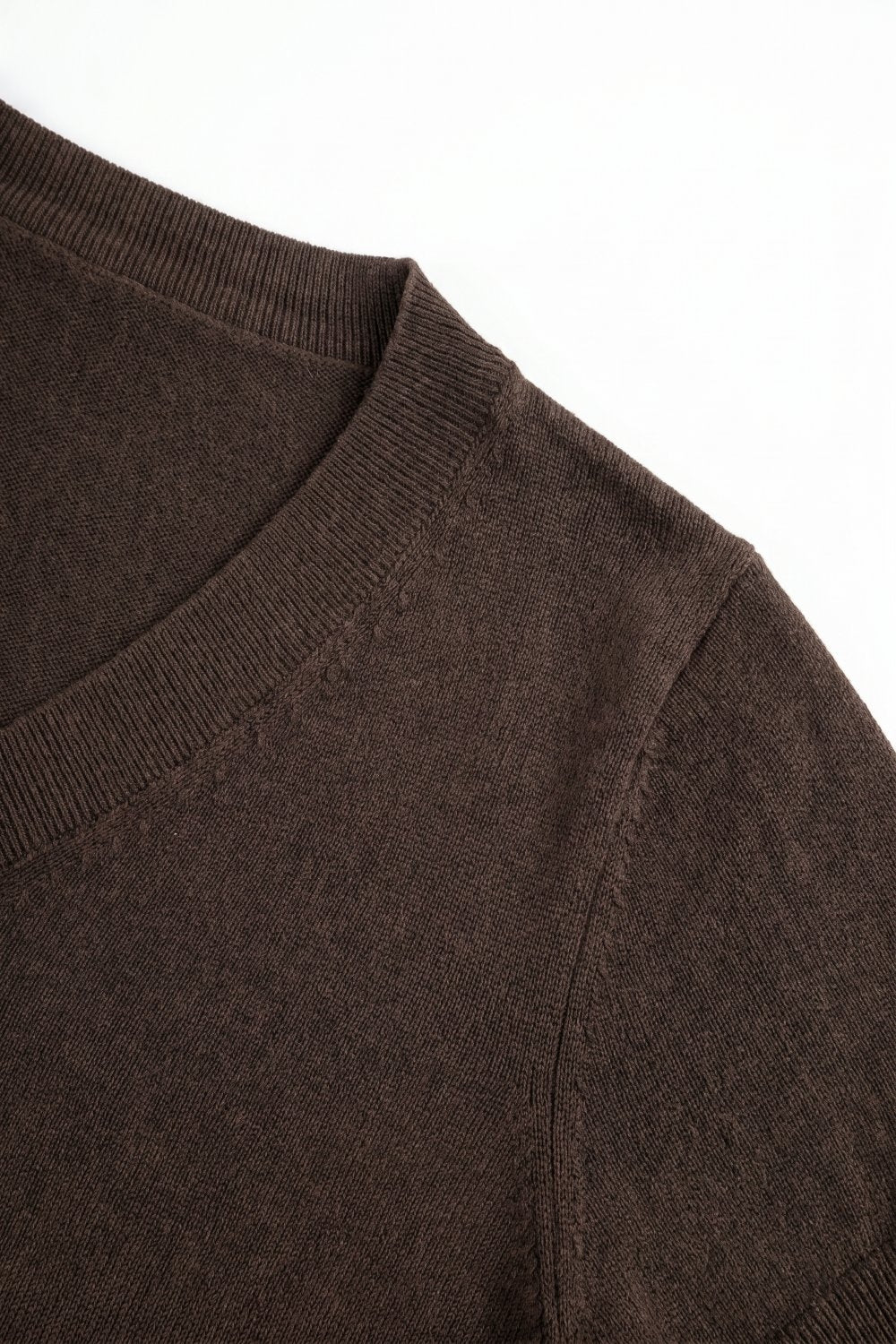 Brown Fine-Knit V-Neck Sweater with Short Dolman Drop-Shoulder Sleeves - Tops