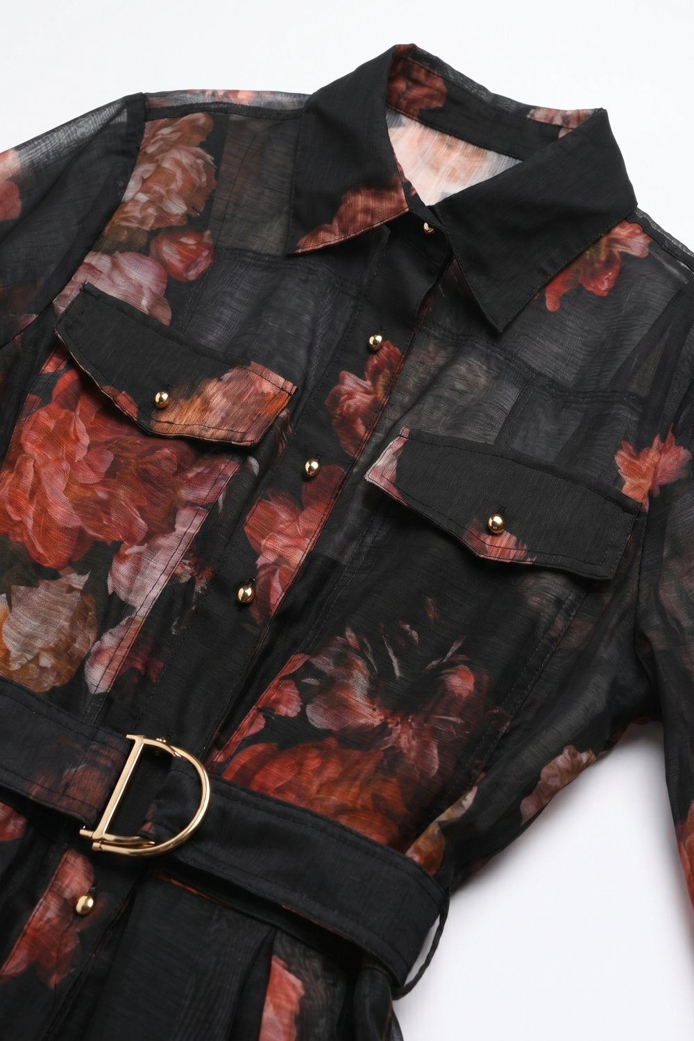 Black Floral Print Sheer Belted Midi Shirt Dress Long Sleeves - dress