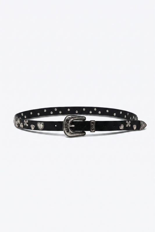 Black Faux Leather Metal Studded Silver Buckle Western Belt - Belts