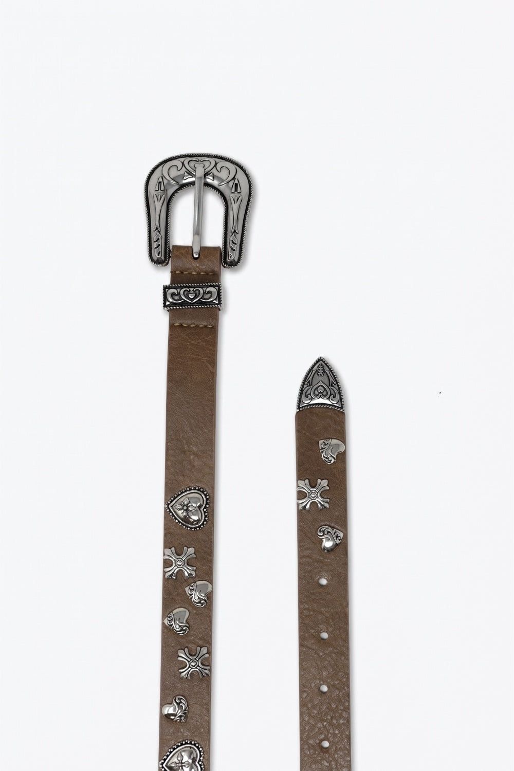Camel Faux Leather Western Buckle Silver Stud Trim Belt