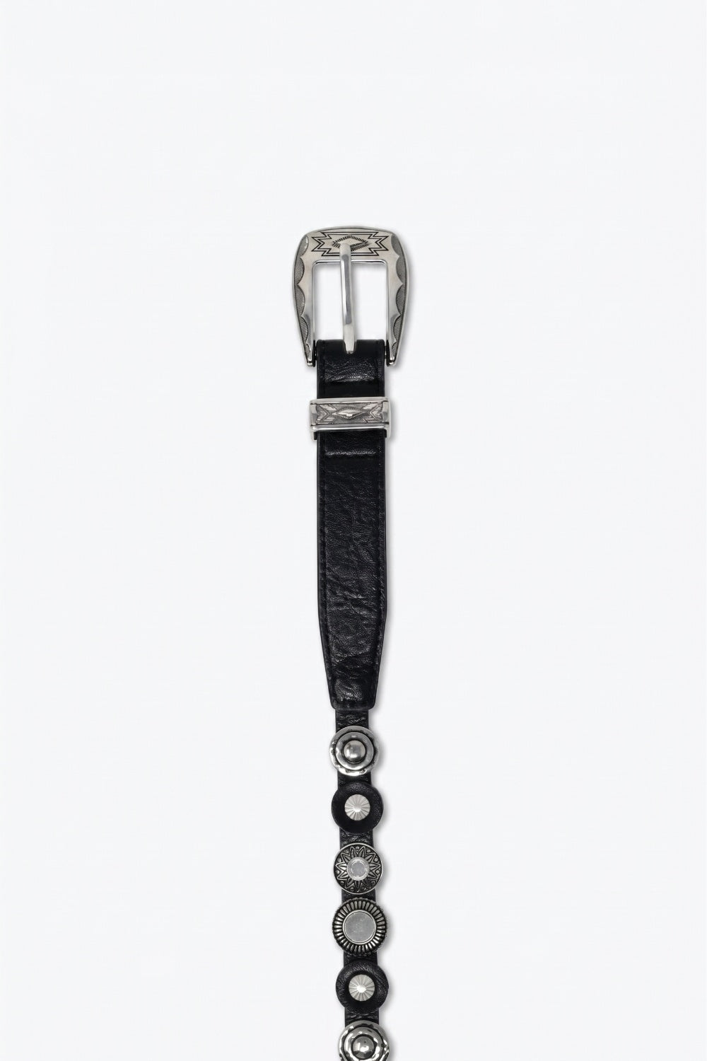 Black Faux Leather Eyelet Studded Slim Western Buckle Belt - Belts