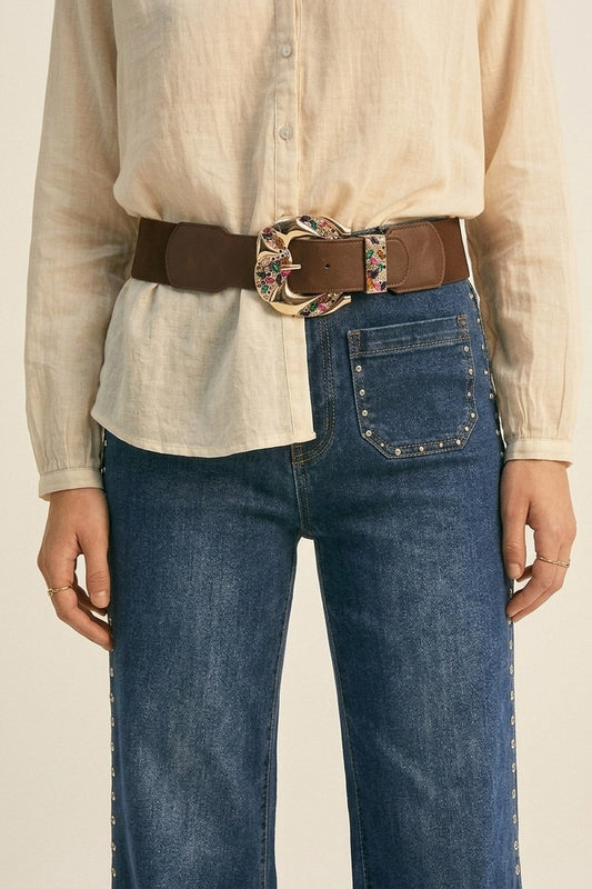 Choco Faux Leather Gold Floral Buckle Wide Waist Belt - Belts