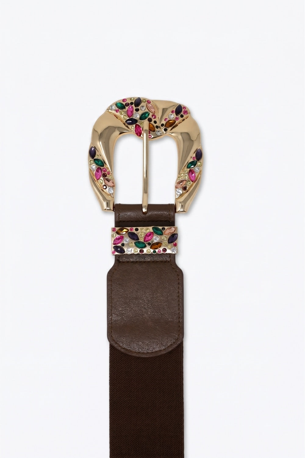 Choco Faux Leather Gold Floral Buckle Wide Waist Belt - Belts