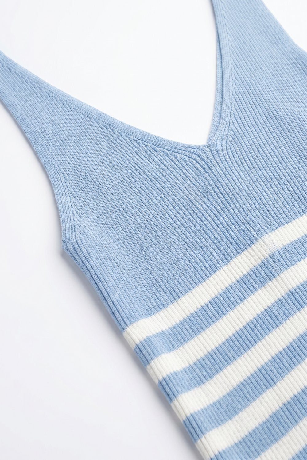 Light Blue White Stripe Ribbed Knit V-Neck Cropped Tank Top