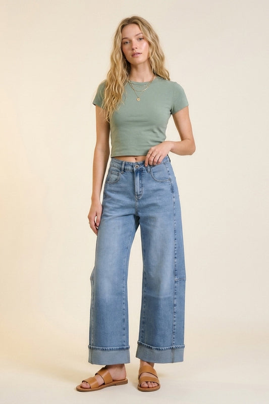 Blue Wide-Leg Light Wash Denim Jeans with Cuffs barrel Style - Denim