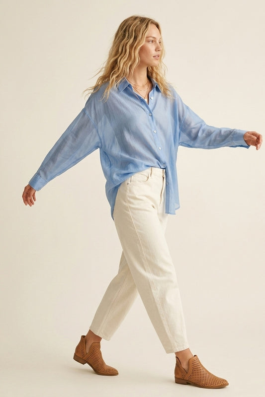 Sheer Sky Blue Button-Down Shirt with Relaxed Fit - Shirts
