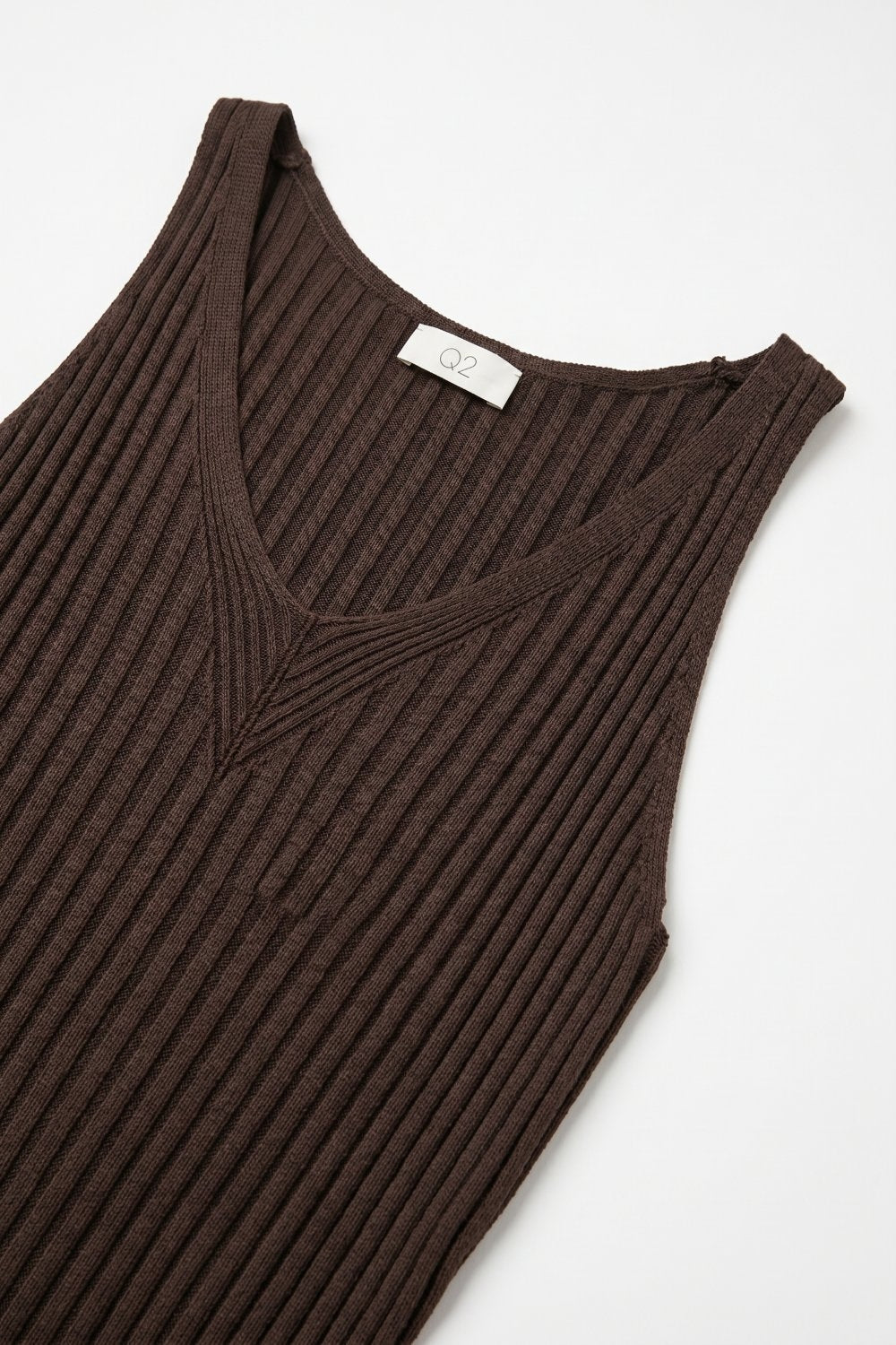 Brown Ribbed Knit V-Neck Tank Top
