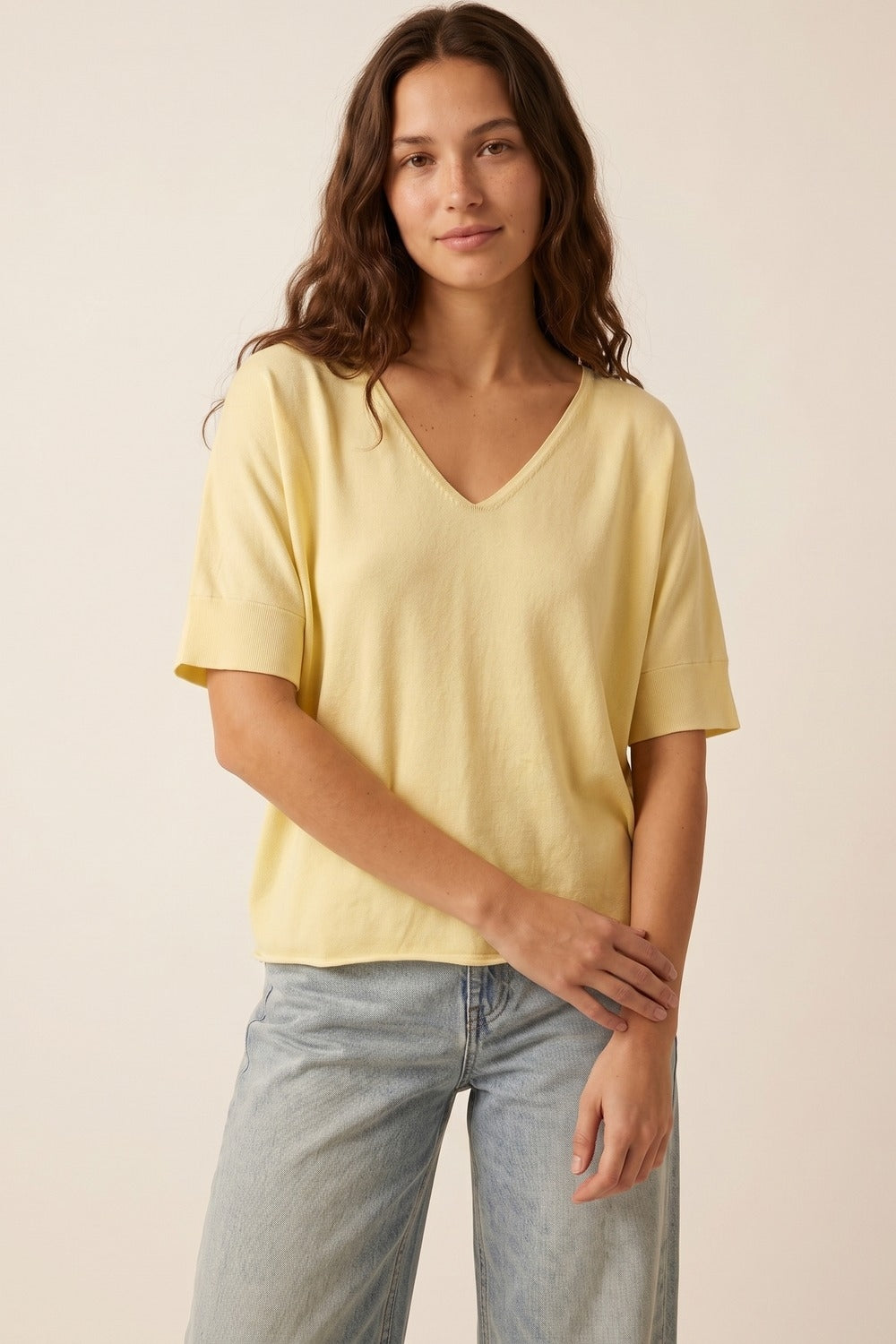 butter Yellow V-Neck Relaxed Fit Short Sleeve sweater