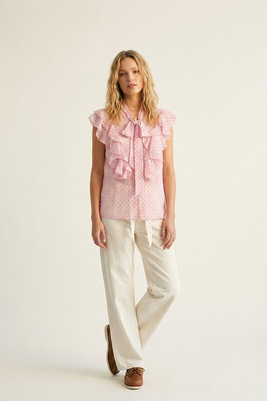 Light Pink Polka-Dot Chiffon Ruffle Bow Tie Sleeveless Blouse - Shirts