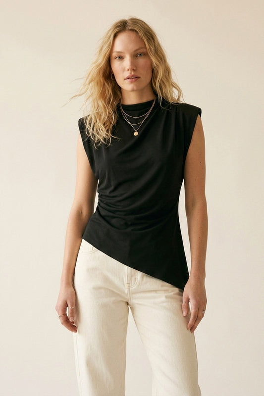 Black Lightweight Woven Asymmetric Hem Cowl Neck Sleeveless Top - top