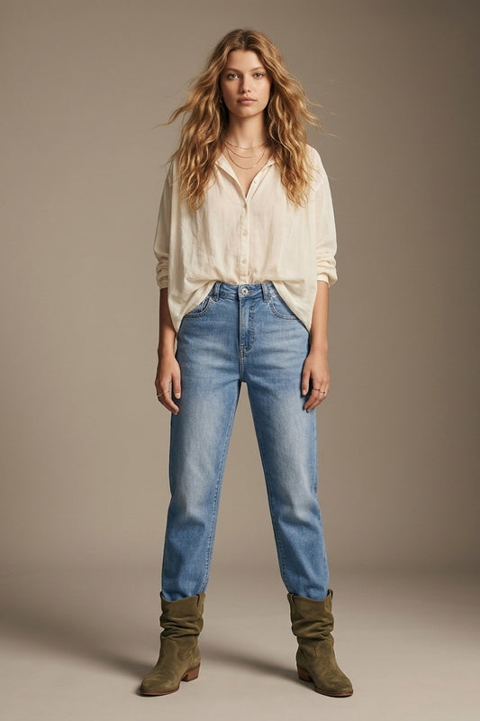 Blue mid Wash Jeans with Straight Leg in mom style fit - Denim