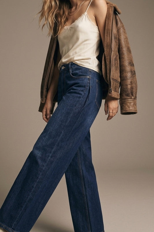Wide Leg Jeans With Side Dart Detail in Deep Blue - Denim